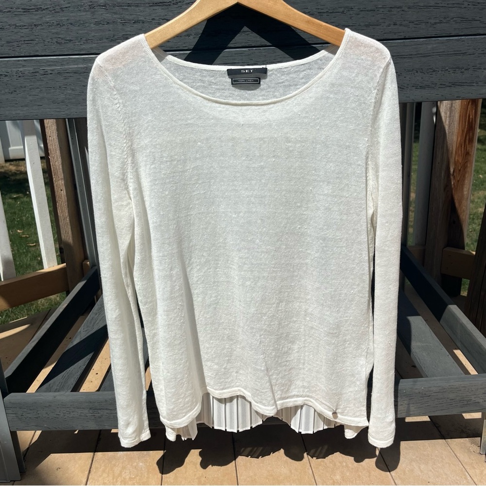 SET Women’s German Designed 100% Linen Long Sleeve Pleated Back White Top Sz 4